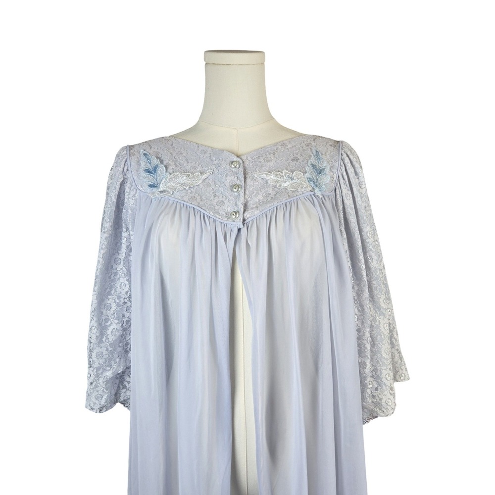 Vintage 60s Powder Blue Lace Sheer Robe Nightgown Peignoir Embroidered Leaf